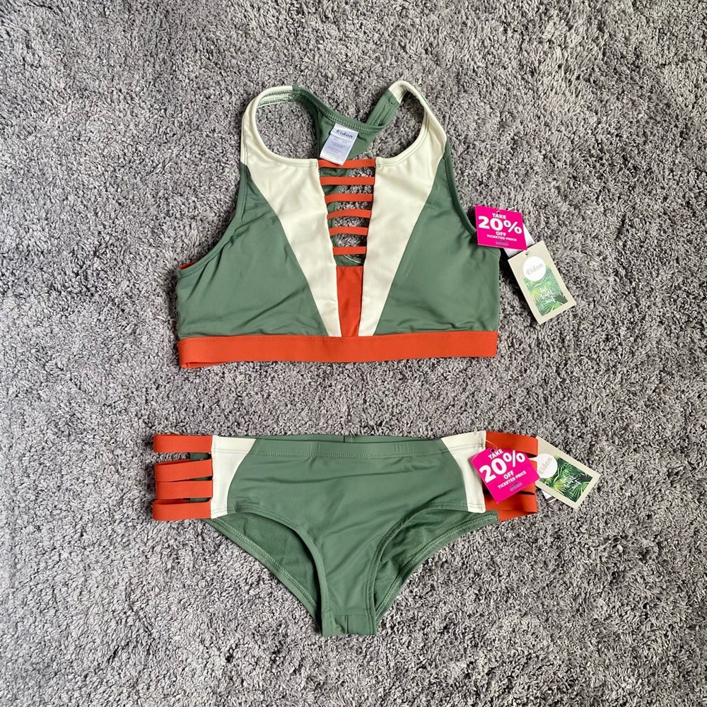 NEW! Eidon green and orange halter bathing suit top and bottoms